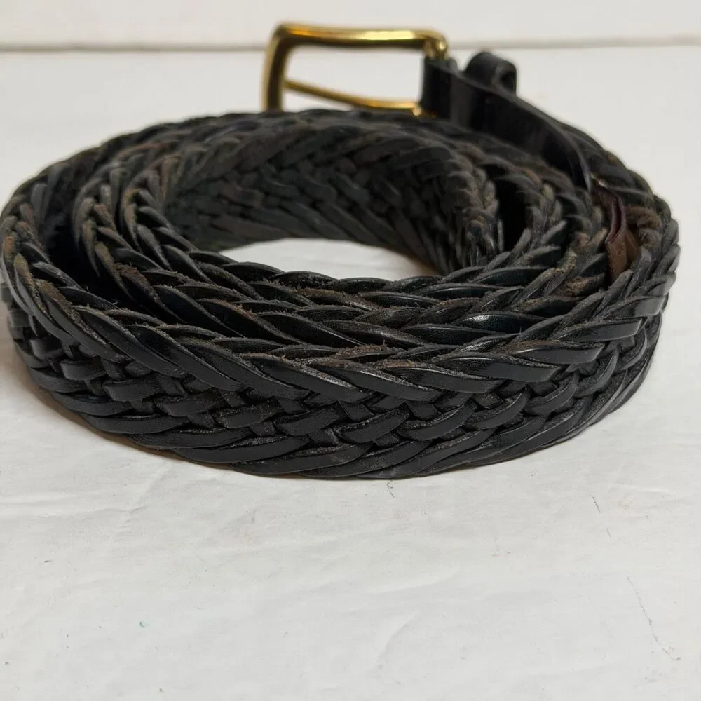 Trafalgar Belt Mens 38 Black Braided Leather Gold Tone Buckle Made in Turkey